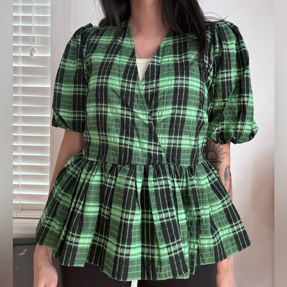Ganni Seersucker peplum top